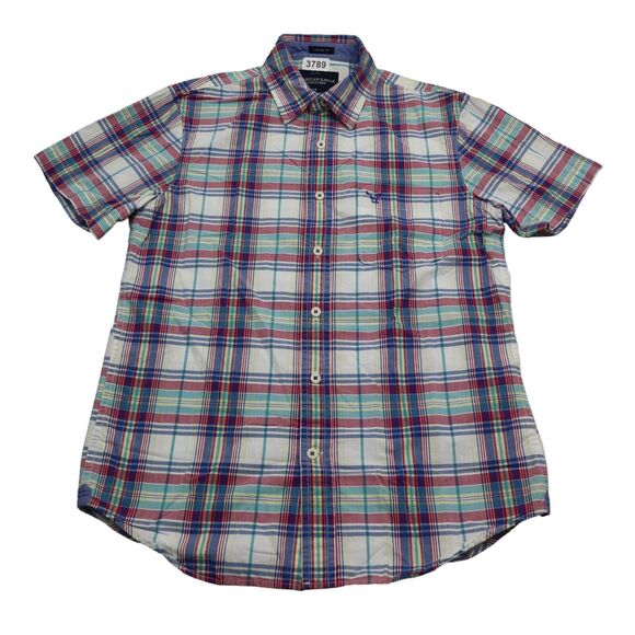 American Eagle Shirt Mens Small White Blue Green Plaid Dress Work Office Button - Picture 1 of 15